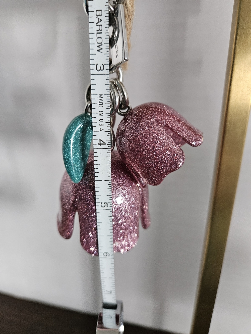 Coach Pink Glitter Resin Tea Rose Bag Charm Keychain - Picture 8 of 8